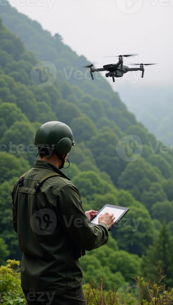 Soldier using drone in misty forest landscape photo
