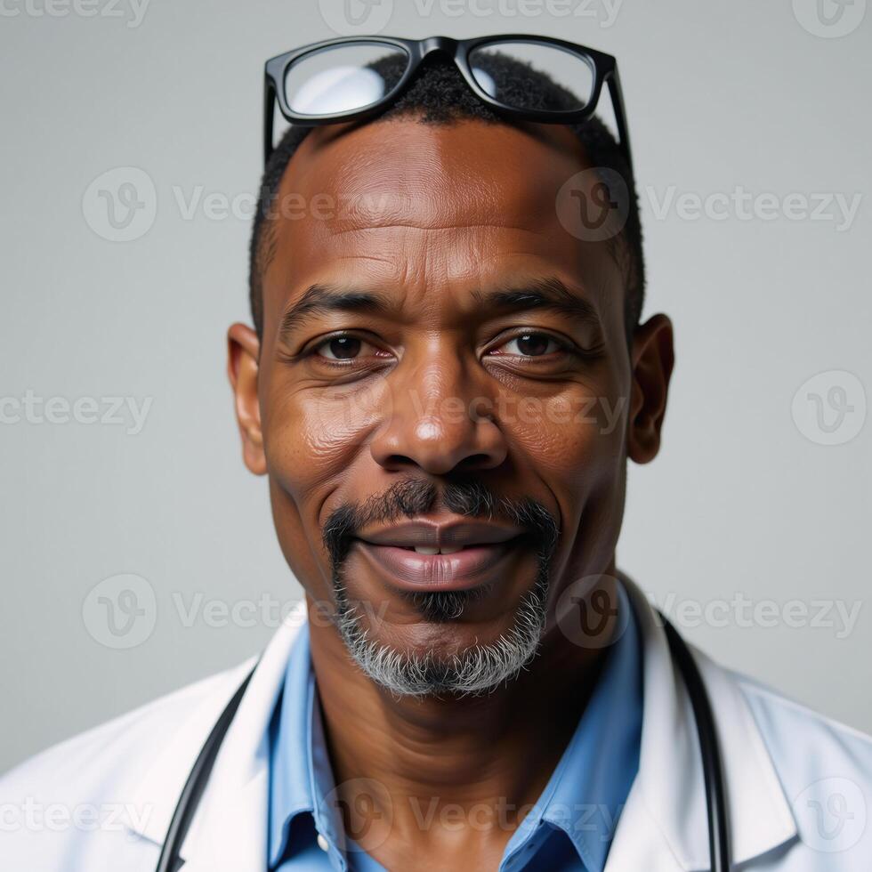 Photorealistic portrait featuring an African American male doctor in glasses photo