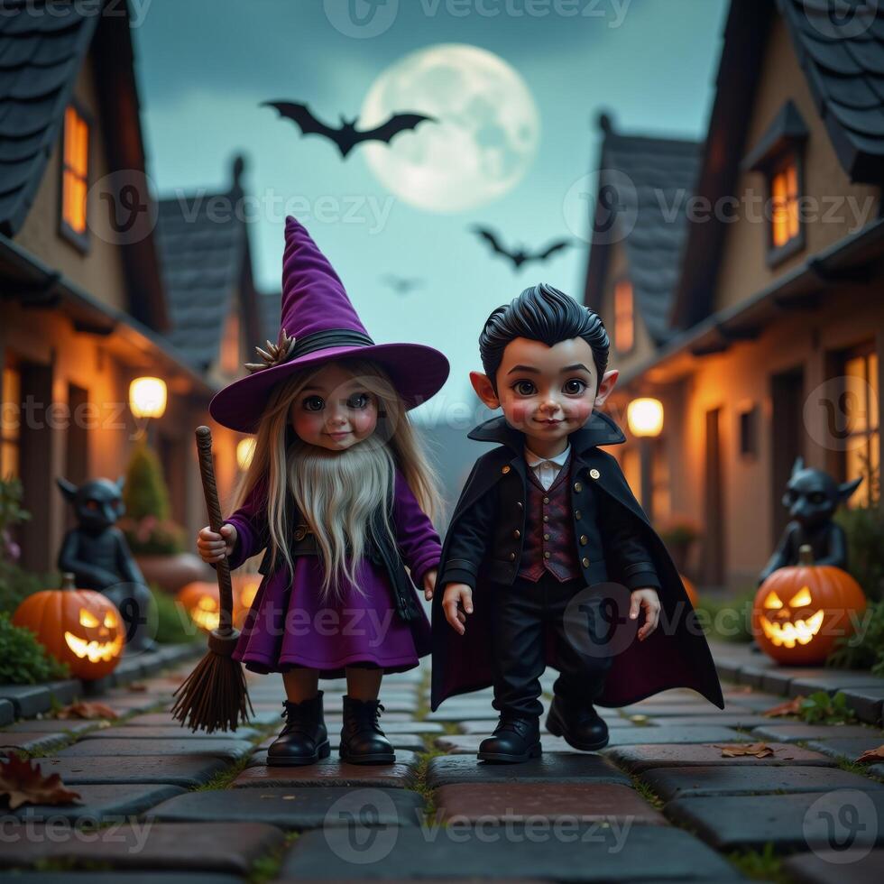 Gnomegirl witch and boy vampire navigate through a spooky Halloween village surrounded by glowing homes and observing mystical creatures photo