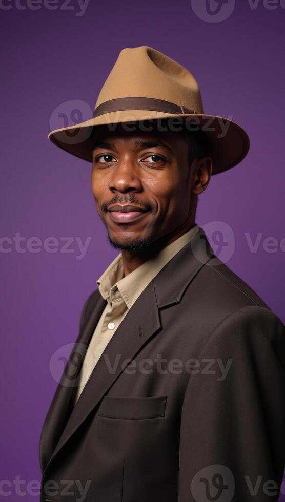 African American man depicted in vintage attire hat suit against a purplish backdrop resembling 1930s40s era workingclass portrait photo