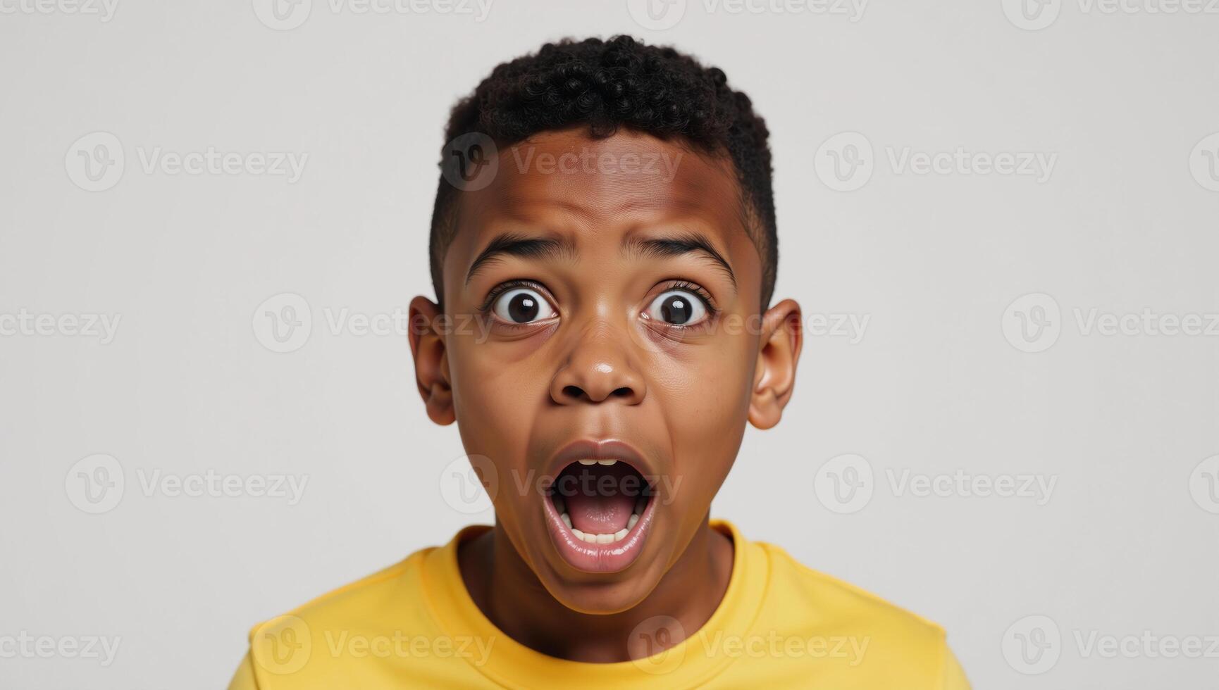 Portrait of an amazed AfricanAmerican teen with wide eyes and gaping mouth against vibrant background photo