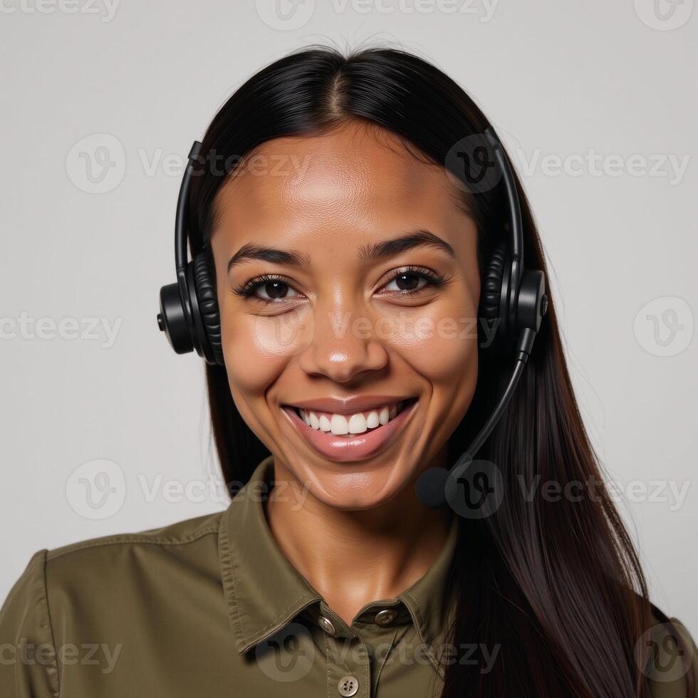 An AfricanAmerican woman wearing a headset smiles against an empty backdrop photo
