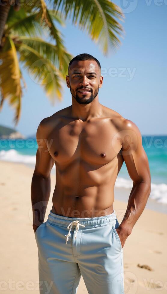 Handsome African Americantanned Hispanic man on a tropical beach with palm trees and an ocean view in a sundrenched summer setting photo