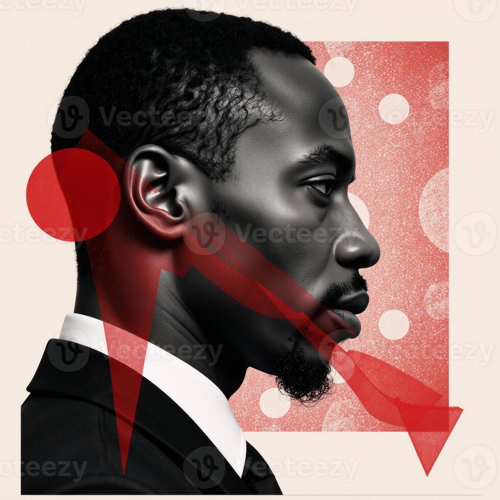 Black History Month tribute Artistic African male portrait blended with abstract red graphics on a horizontal background in blackandwhite style photo