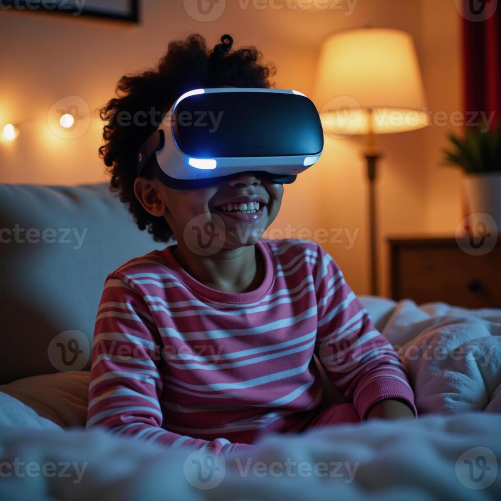 Cheerful AfricanAmerican child in pajamas using VR headset at Christmas time home setting photo
