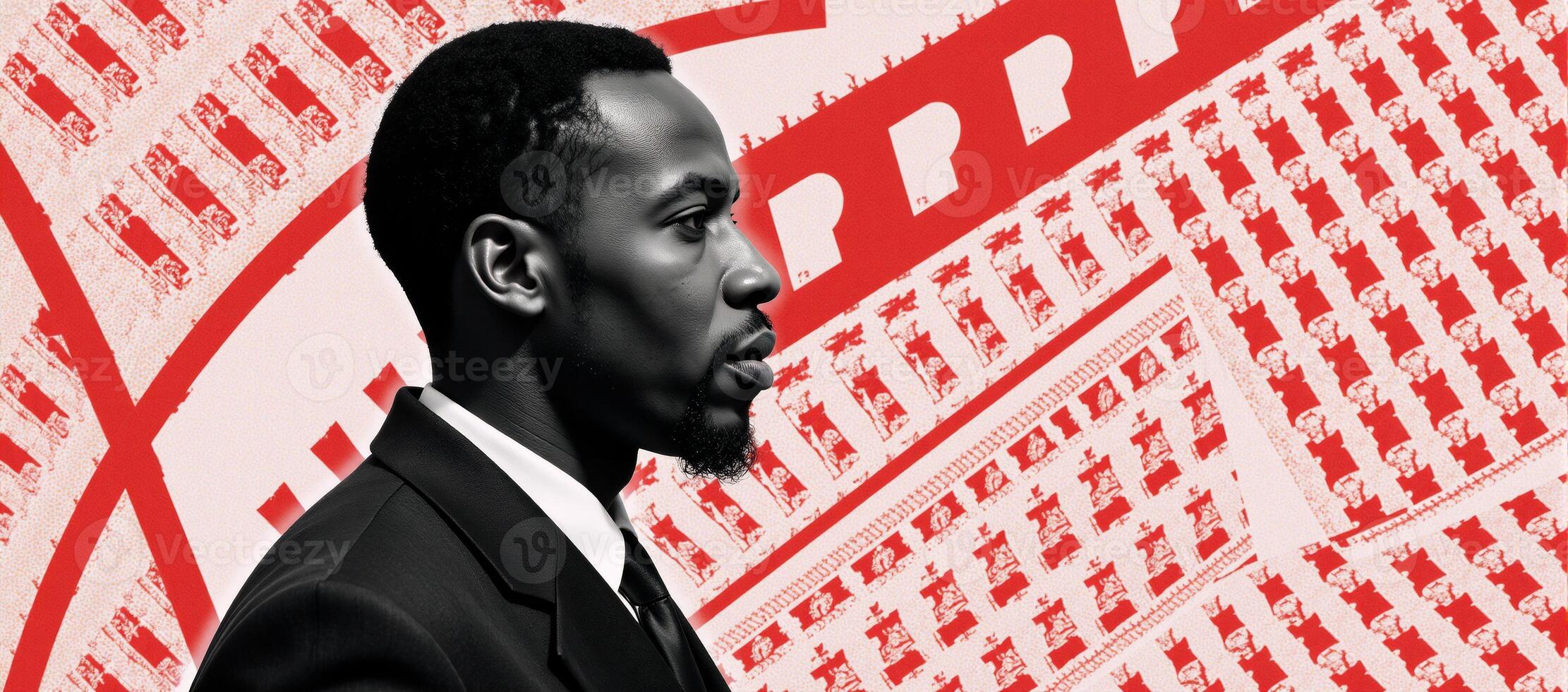 Black History Month tribute Artistic African male portrait blended with abstract red graphics on a horizontal background in blackandwhite style photo