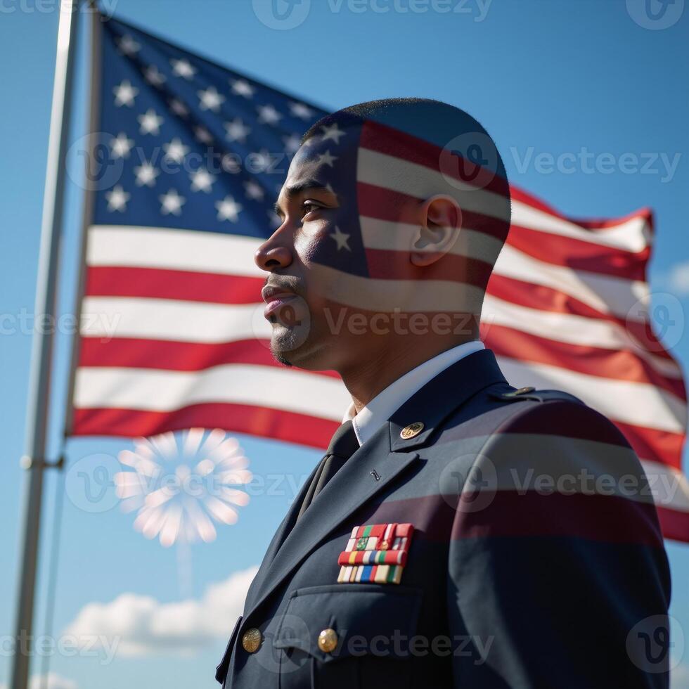 An AfricanAmerican veteran salutes before an American flag in a memorial setting evoking patriotism on Independence Day photo