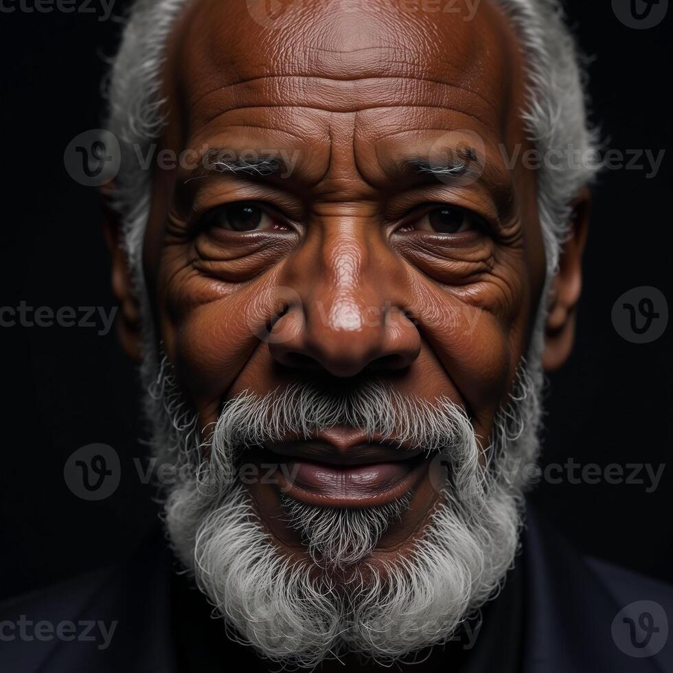 Intense closeup portrait of a wise confident black elder with a gray beard against a dark backdrop photo