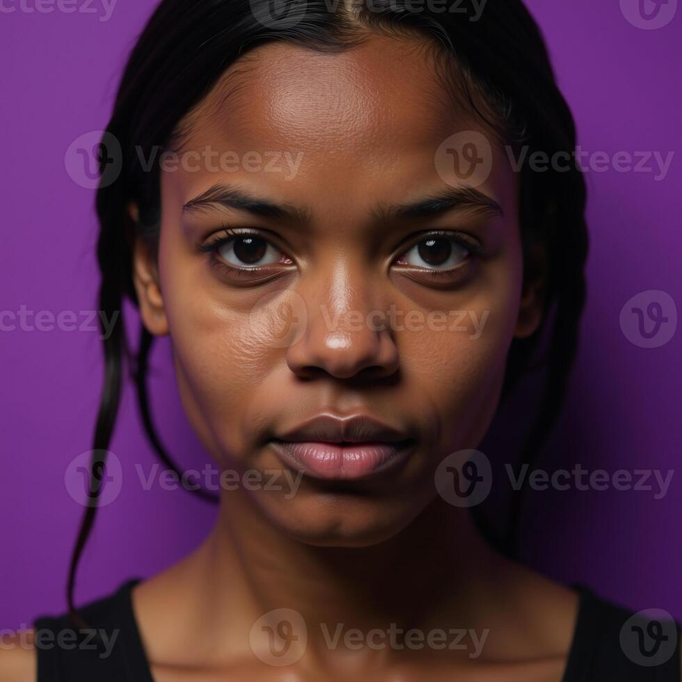 Collection of abstract concepts depicting an African American young woman experiencing feelings of inferiority emptiness despondency apathy and desperation in purple tones photo