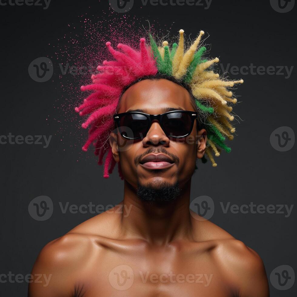 Creative portrait showcasing an African American man in sunglasses and vibrant hair exploding with colors symbolizing imagination photo