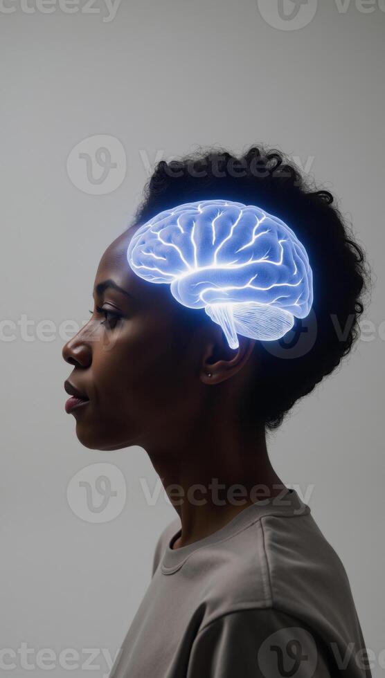 Sideview photorealistic portrait of African American woman with illuminated brain against a clean white backdrop for design purposes photo