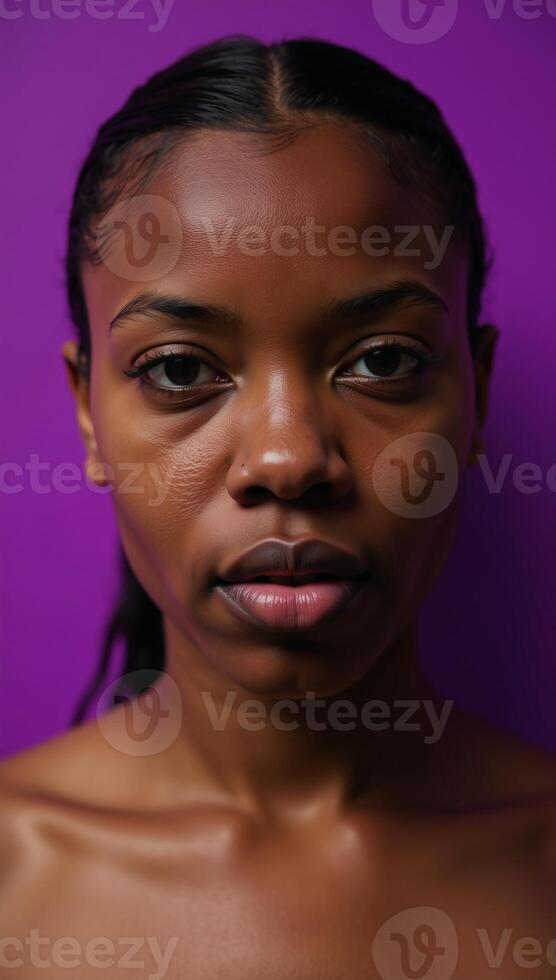 Collection of abstract concepts depicting an African American young woman experiencing feelings of inferiority emptiness despondency apathy and desperation in purple tones photo