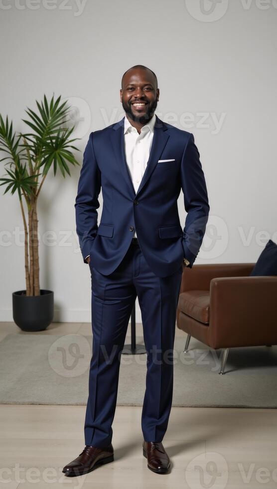 Confident black man smiling at work photo