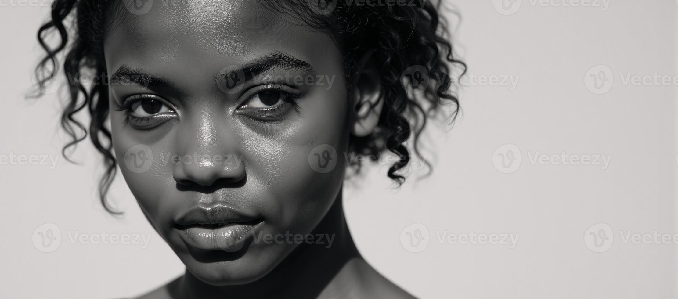 Black White portrait showcases an elegant AfricanAmerican young adult under sunlit natural light with her hair styled up smooth skin and intense gaze photo
