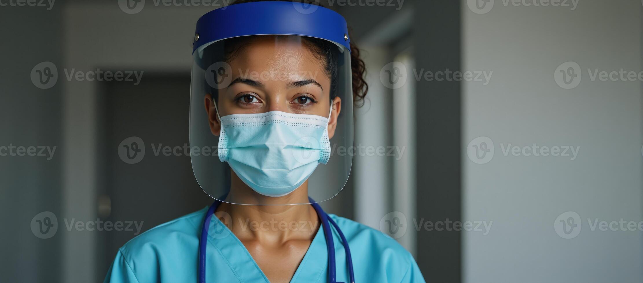 AfricanAmerican female healthcare professional wearing mask and face shield during pandemic crisis photo