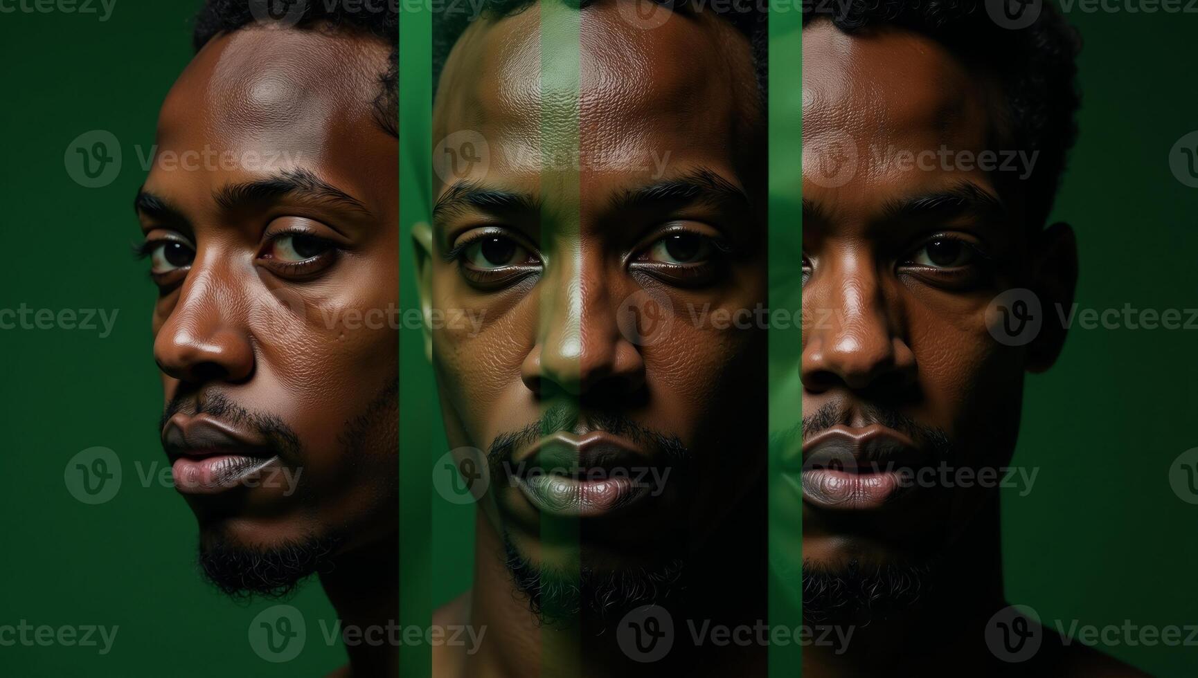 Portrait series featuring abstracted AfricanAmerican male faces in green tones with vertical stripes to convey the concept of dissociative identity disorder photo
