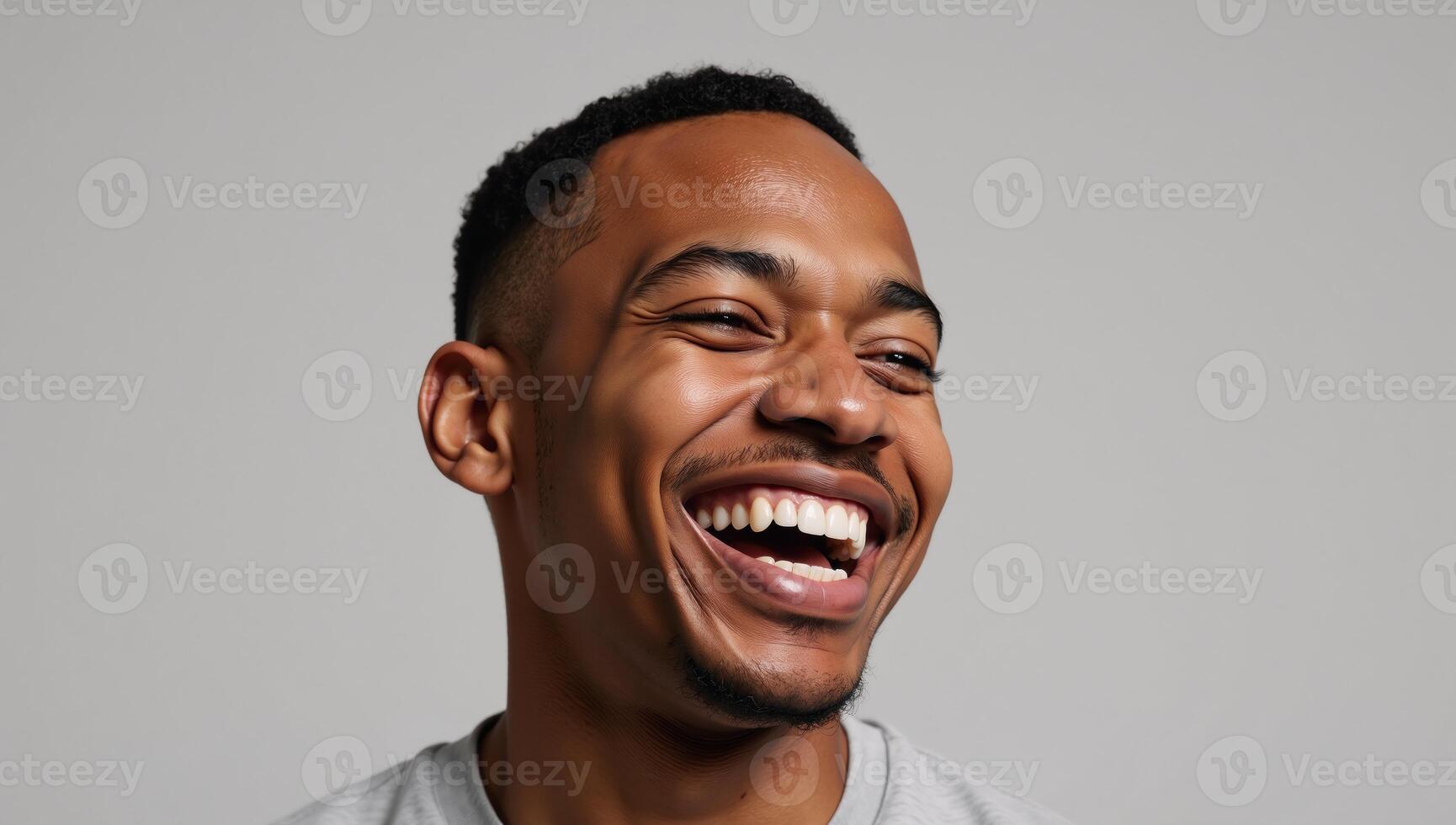 Closeup portrait of a joyful Black man laughing against a gray backdrop photo
