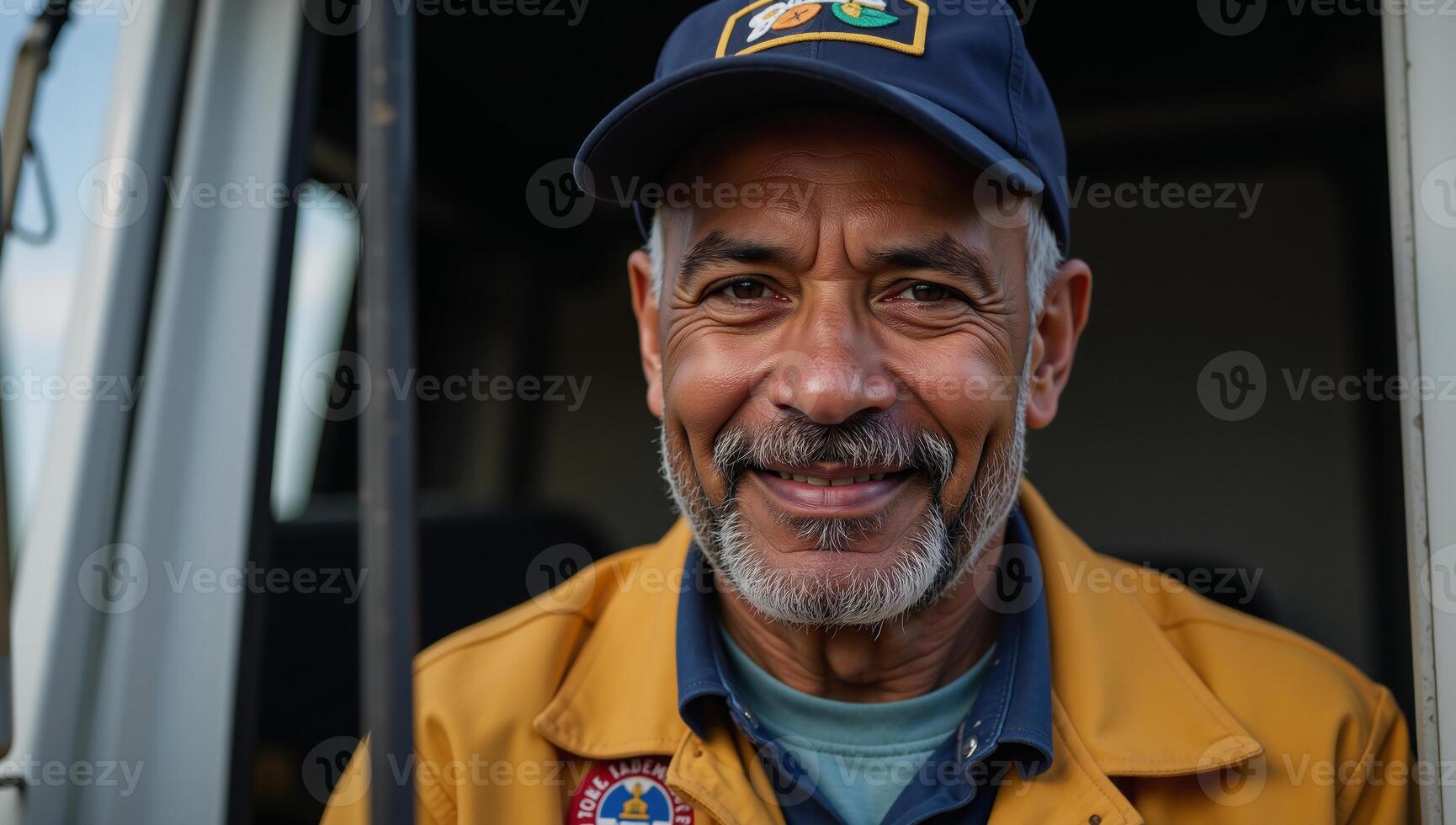 Portrait of an experienced AfricanAmerican truck driver exuding kindness photo