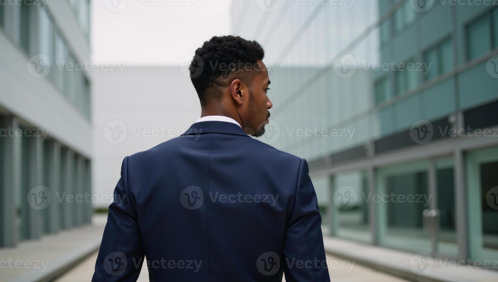 Young African American man in contemporary setting viewed from behind as he gazes into the distance photo