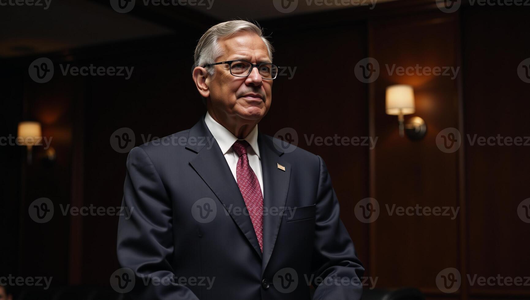 A serious composed AfricanAmerican politician prepares for a public speech dressed in a suit against the backdrop of a dimly lit formal setting photo