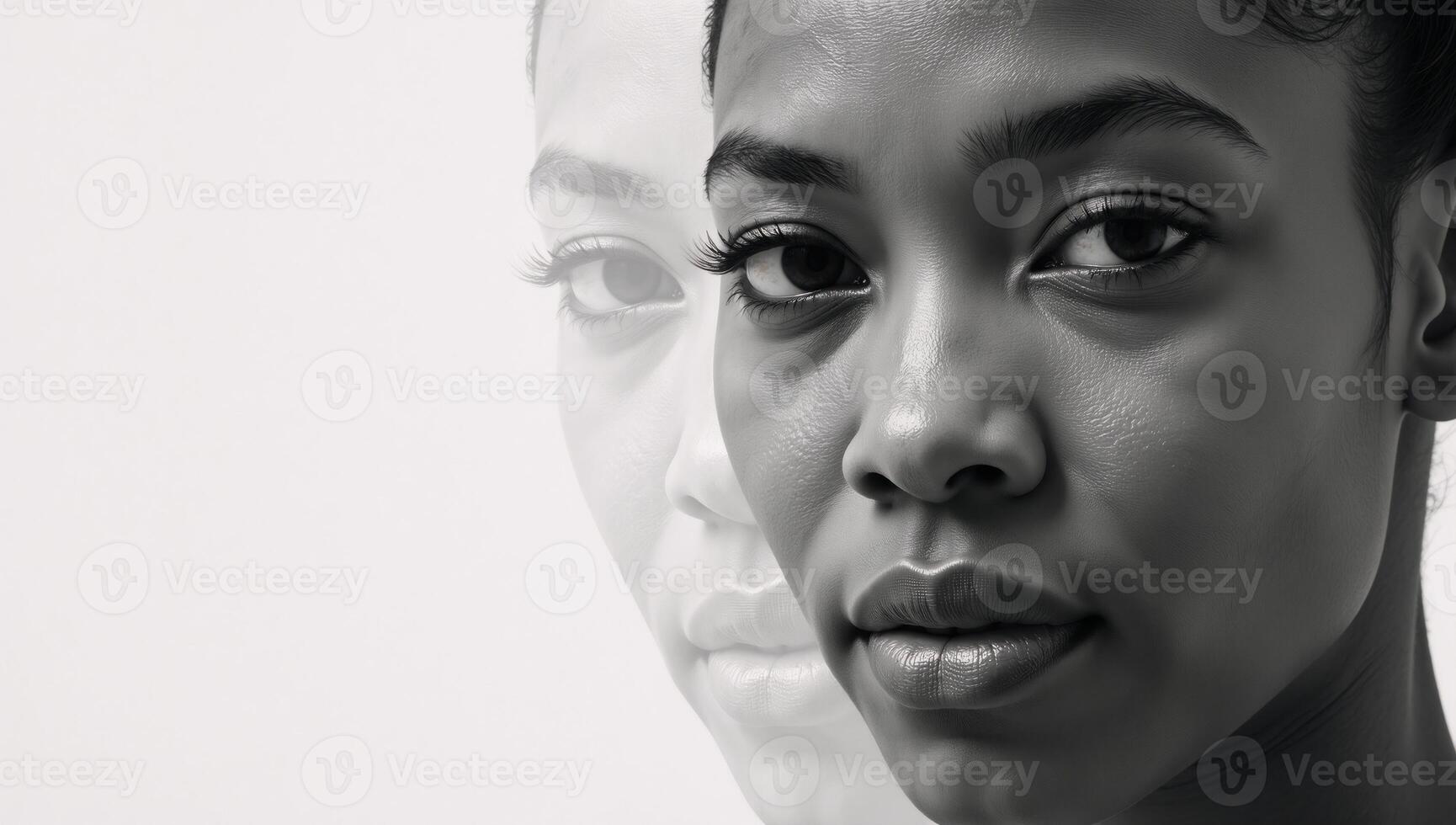 Black African American womans charcoal sketch portrait featuring expressive lines and shading on a neutral white background with copiespace photo