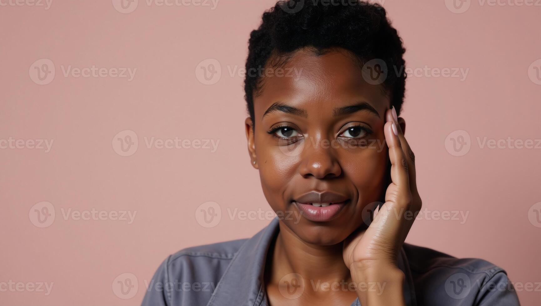 A melancholic 20year old African American woman is depicted feeling left out against a soft pastel light mauve backdrop photo