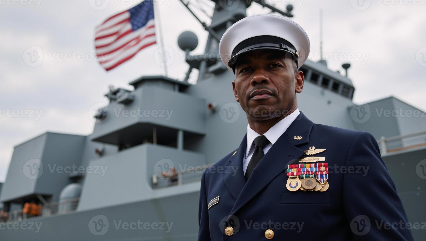 A veteran African American naval officer honors Veterans Day by standing before an American warship and next to the American flag photo