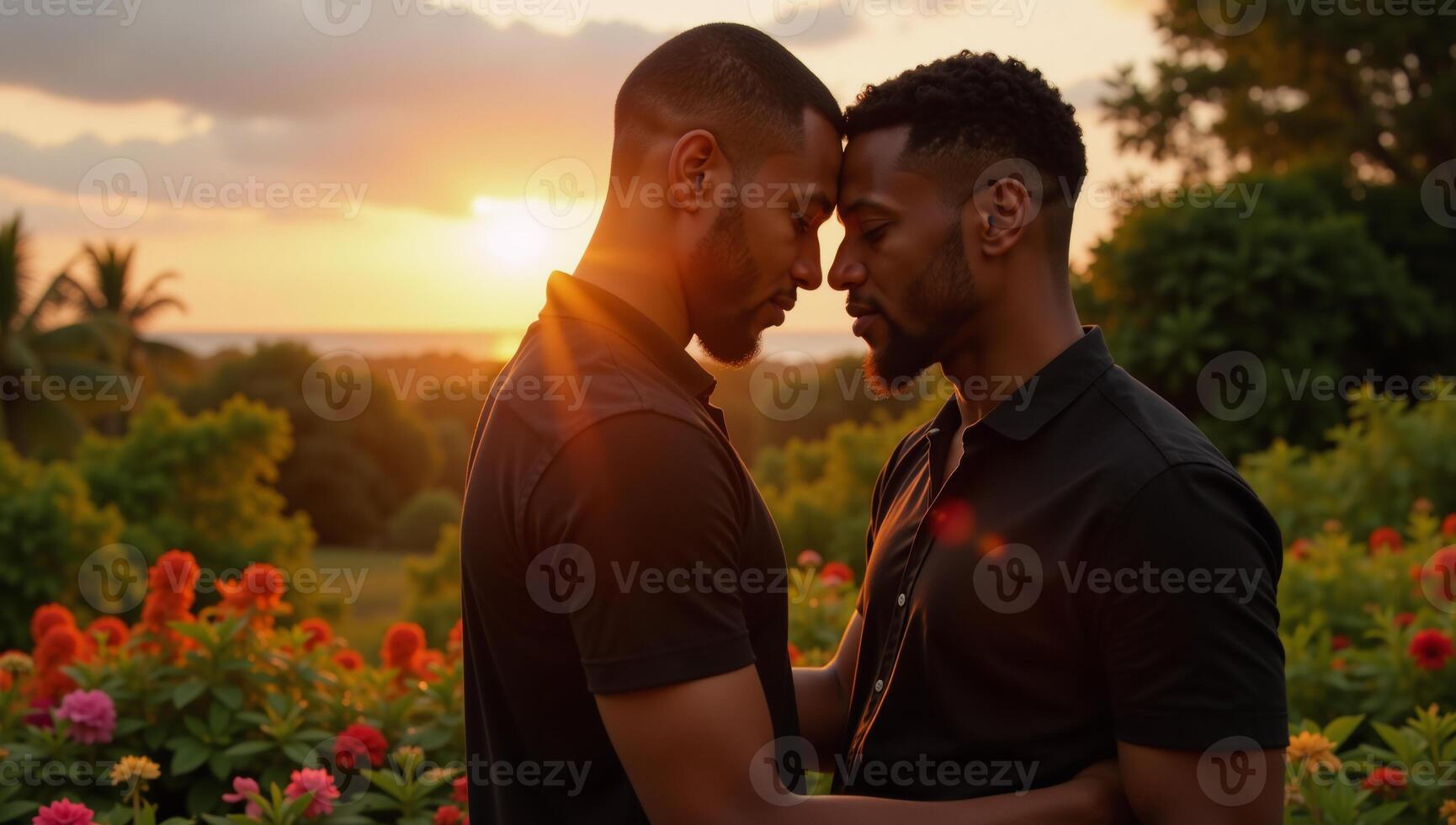 An AfricanAmerican gay couple embraces under a golden sunset surrounded by shimmering blue psychic waves and a nature backdrop realism style soft glow warm tones and vibrant blues photo