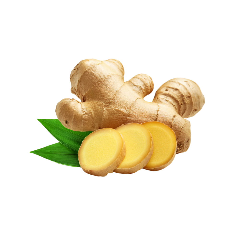 Fresh ginger with slices and green leaf on transparent background png