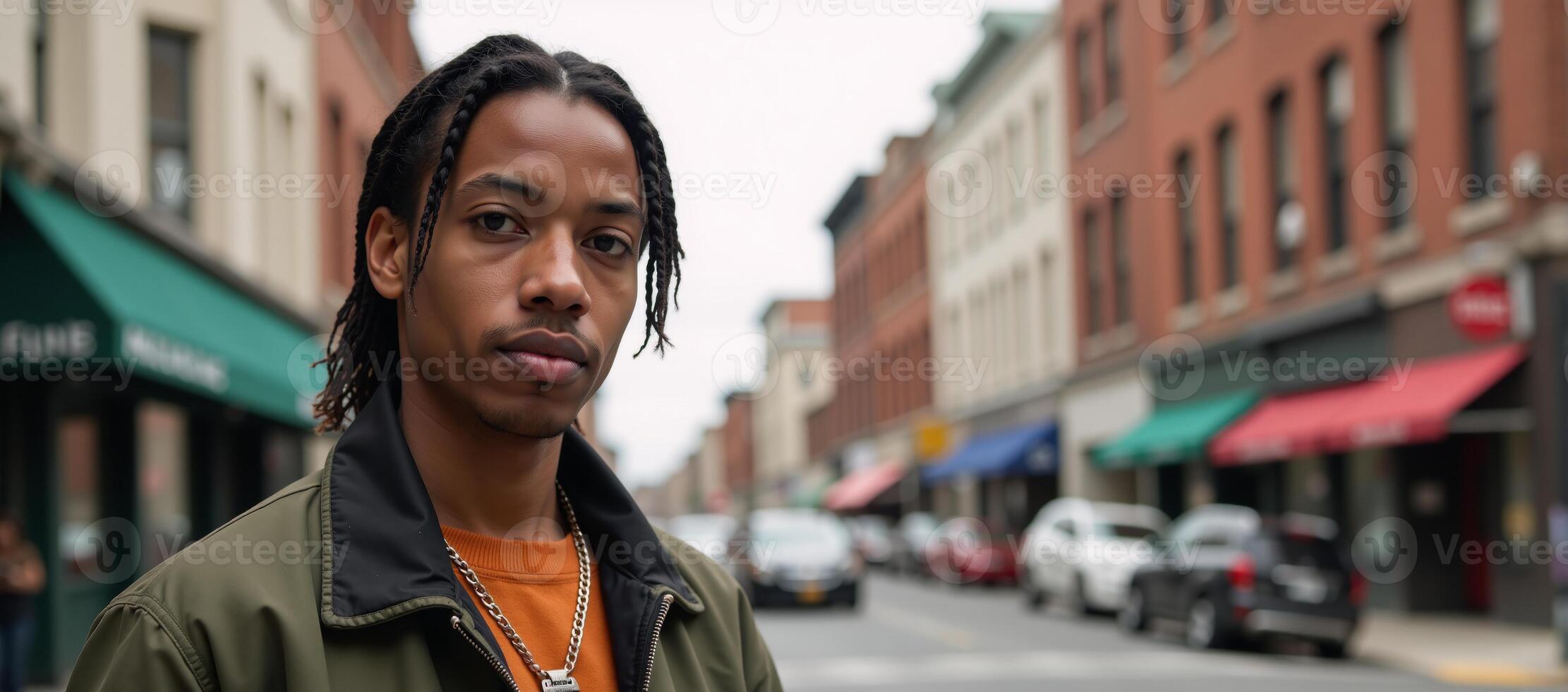 A young African American man stands coolly in a trendy outfit on a bustling city street gazing confidently towards the camera from a low angle photo