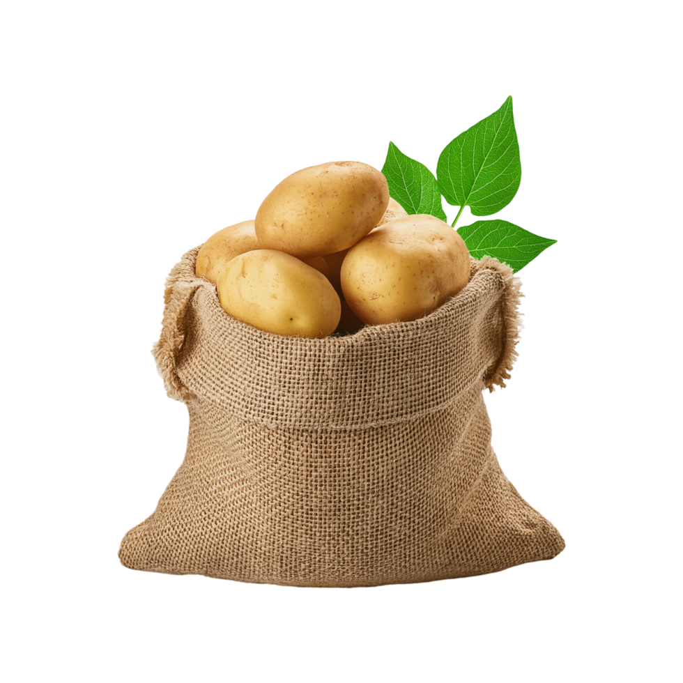 Fresh Potato in a jute sack bag on transparent background png