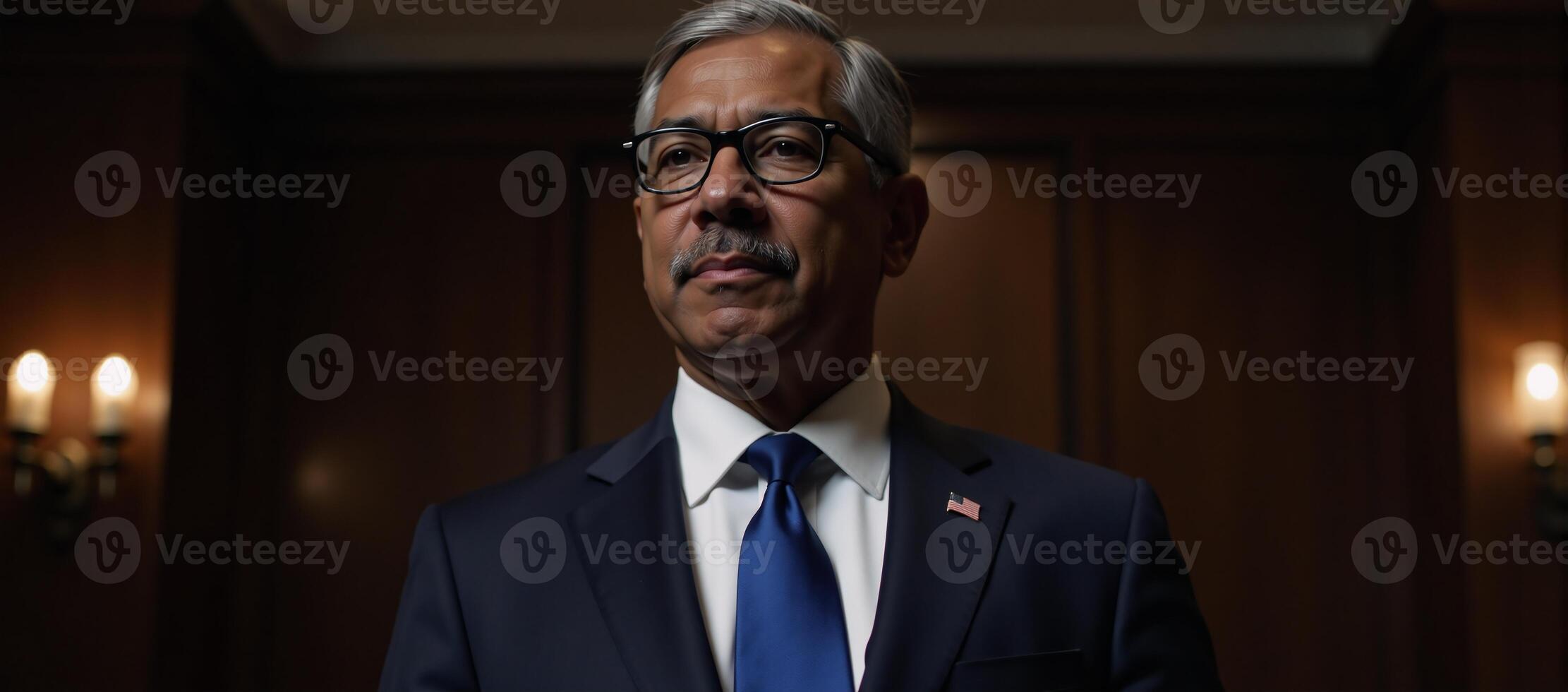A serious composed AfricanAmerican politician prepares for a public speech dressed in a suit against the backdrop of a dimly lit formal setting photo