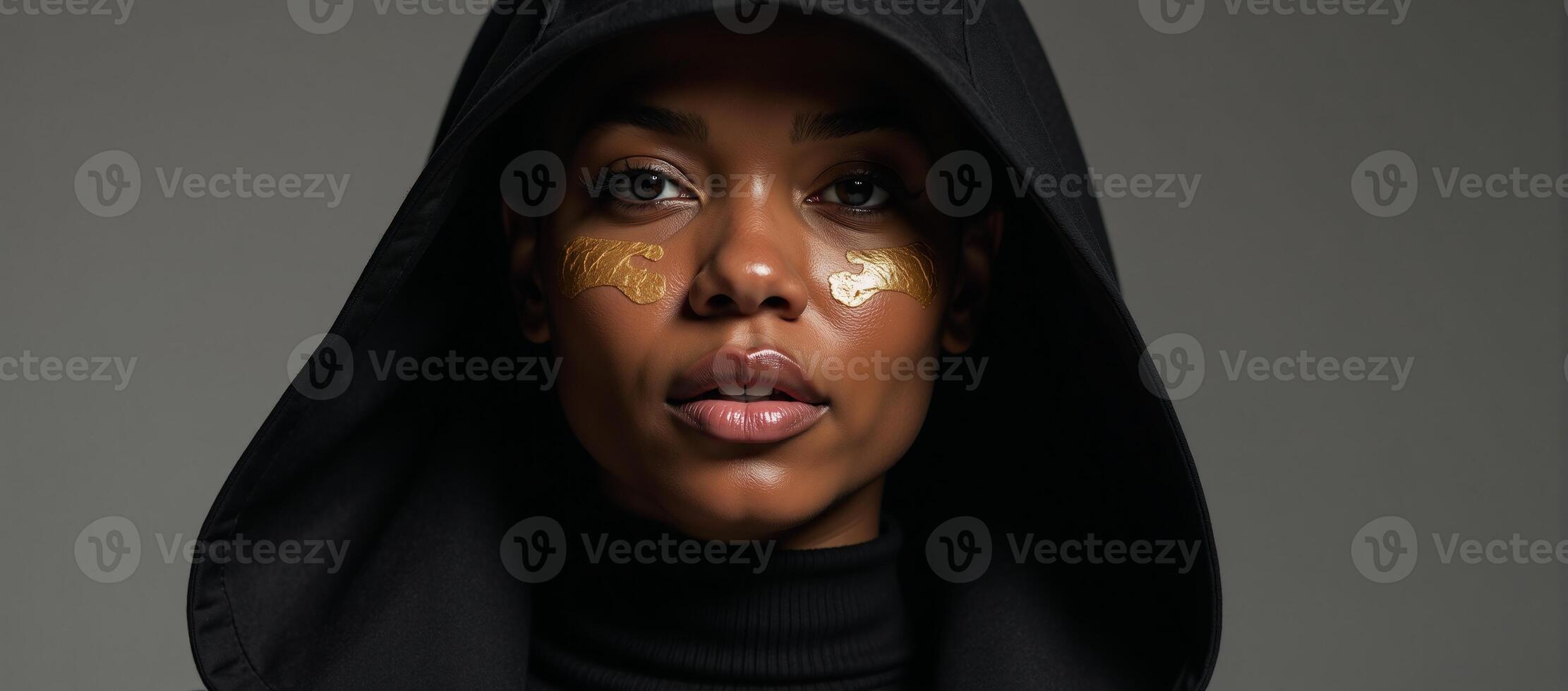 Highly detailed portrait showcases an African American woman wearing a black and gold hood featuring cinematic hyperrealism with golden face paint captured in lowangle shot photo