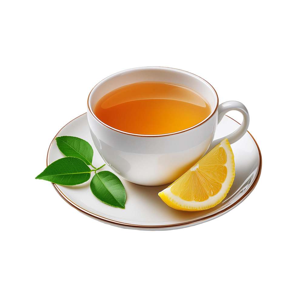 White Cup of lemon tea with slice and leaf on transparent background