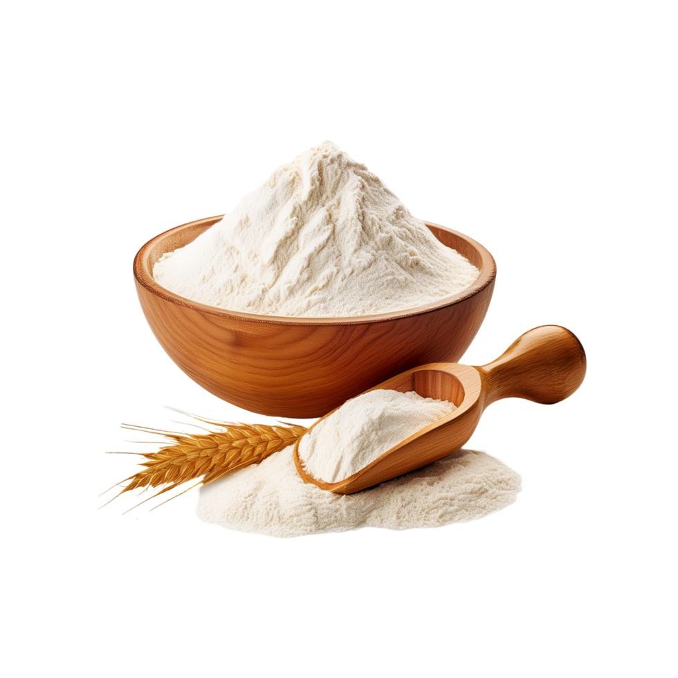 Wooden bowl of flour with wheat branch on transparent background png