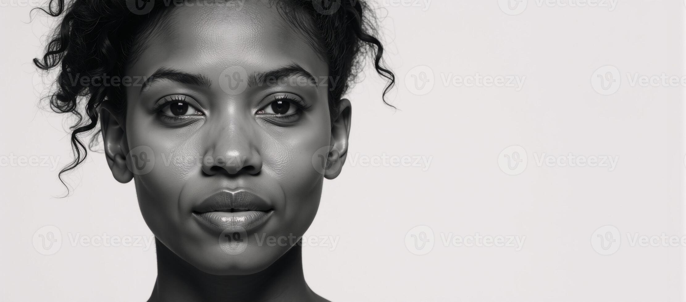 Black African American womans charcoal sketch portrait featuring expressive lines and shading on a neutral white background with copiespace photo
