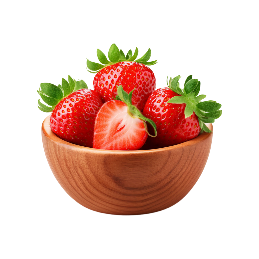 Wooden bowl of red strawberry fruits on transparent background png