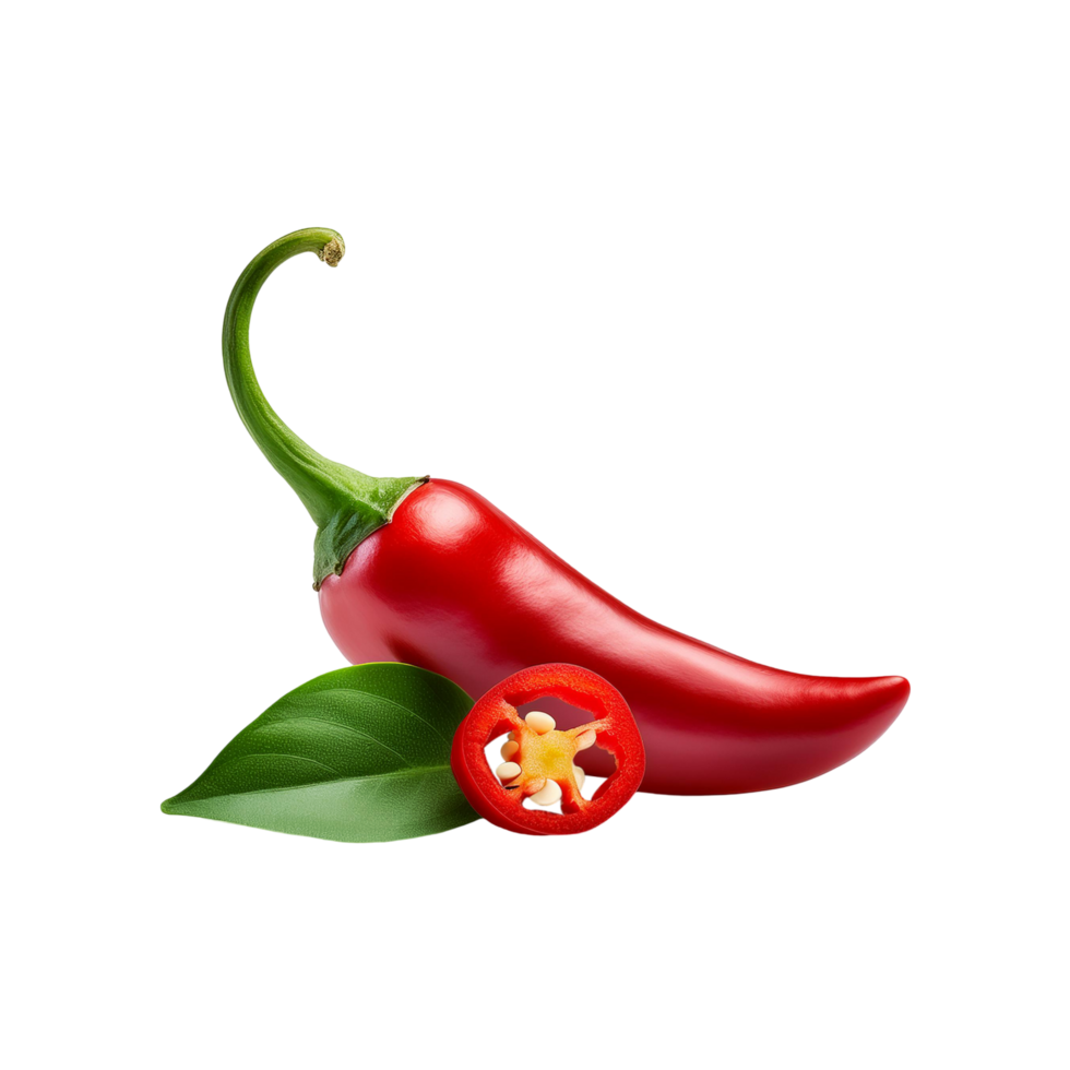 Fresh Red chili with slice and leaf on transparent background png