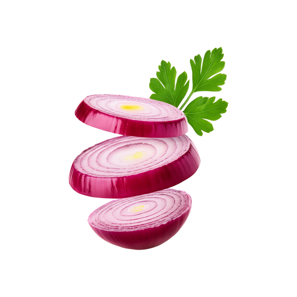 Sliced red onion with coriander leaf on transparent background png
