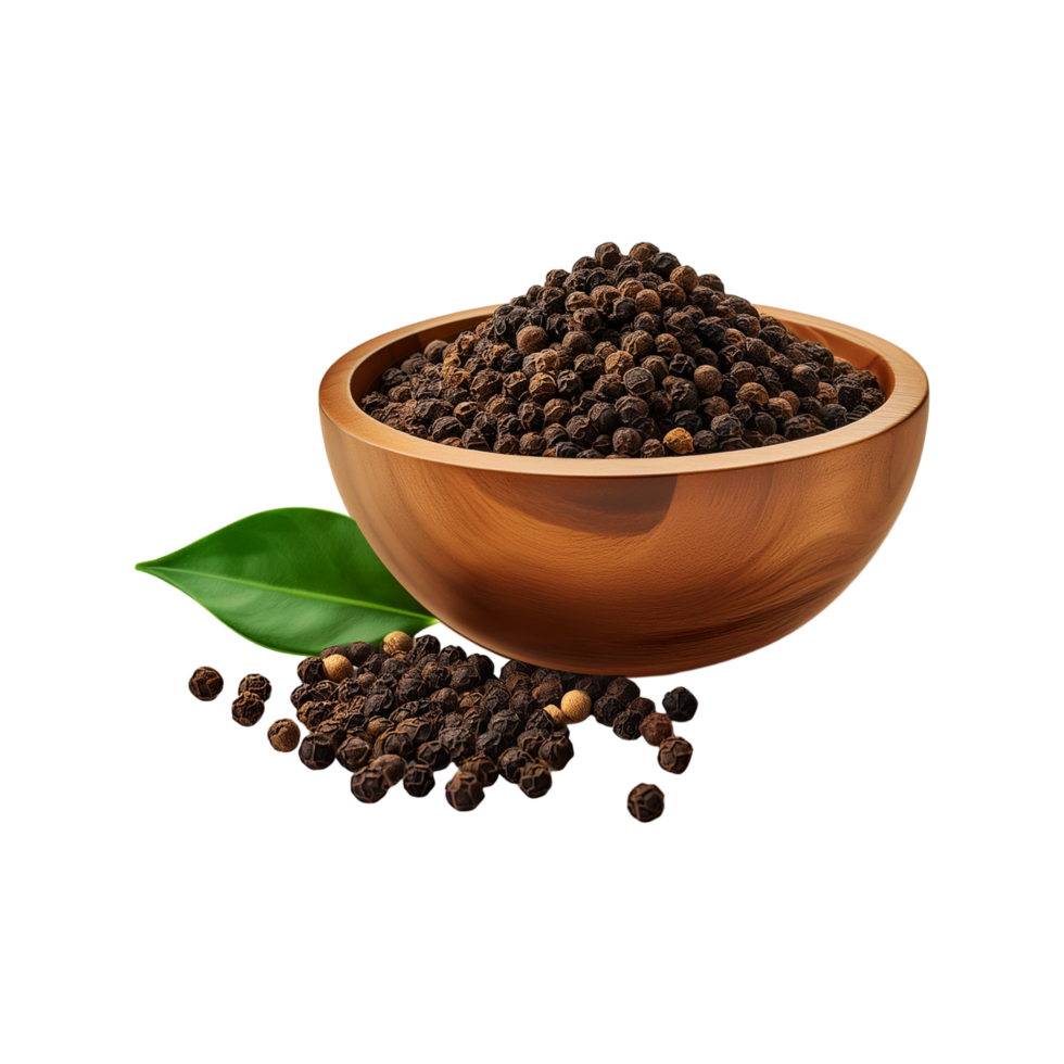 Wooden bowl of dry Jamaican pepper with leaf on transparent background png