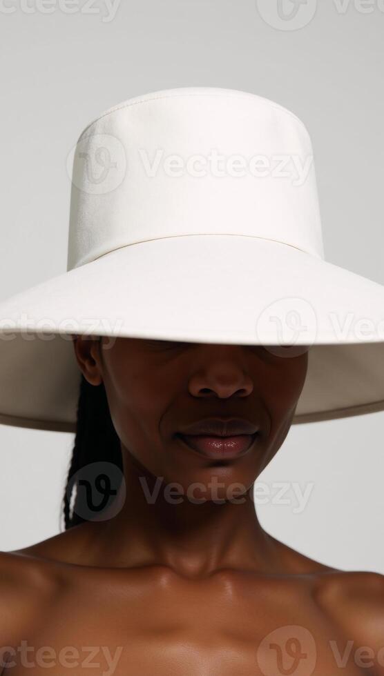 A powerful portrait features a young African American woman in an oversize white hat with strong shadows on her face against a starkwhite background for dramatic effect Minimalist Bold photo