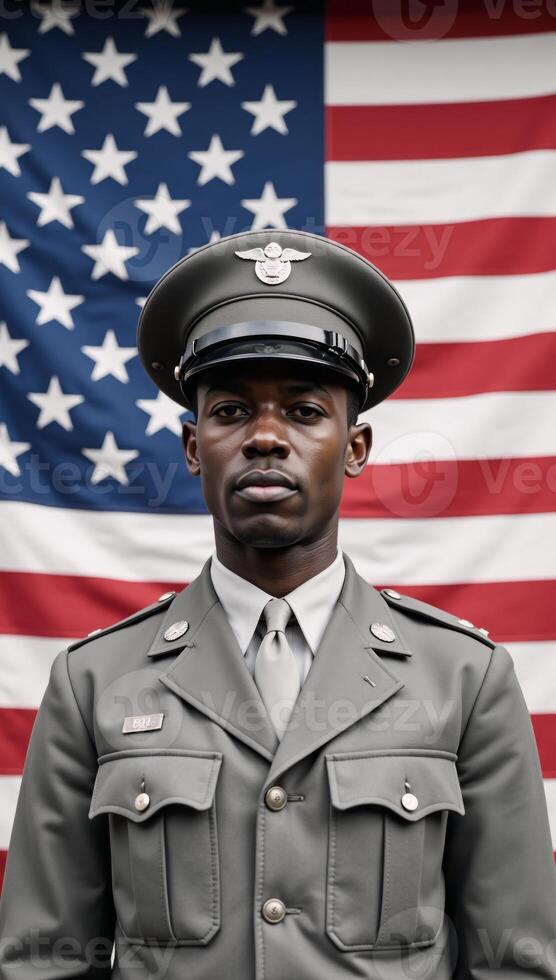 Vintage illustration featuring AfricanAmerican soldier saluting against backdrop of American Flag photo