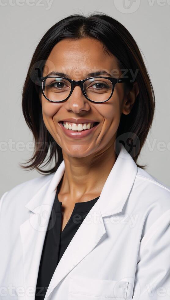 African American Woman with Glasses and White Coat Smiling photo