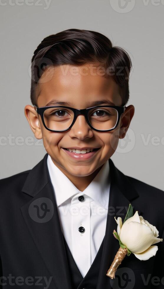 A stylish young AfricanAmerican boy donning a suit accessorized by a flower boutonnire photo