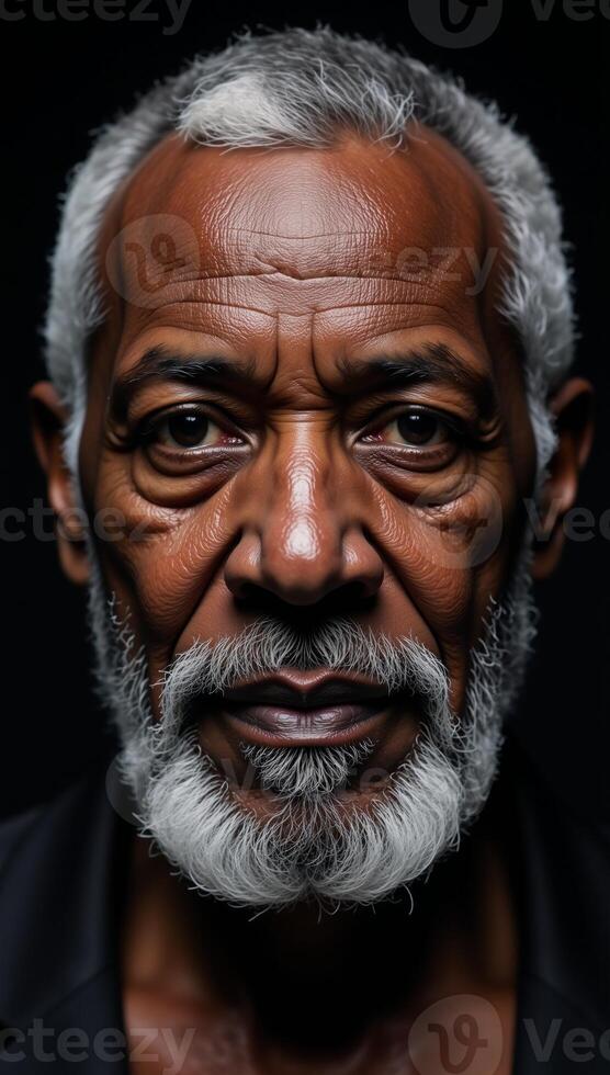 Intense closeup portrait of a wise confident black elder with a gray beard against a dark backdrop photo
