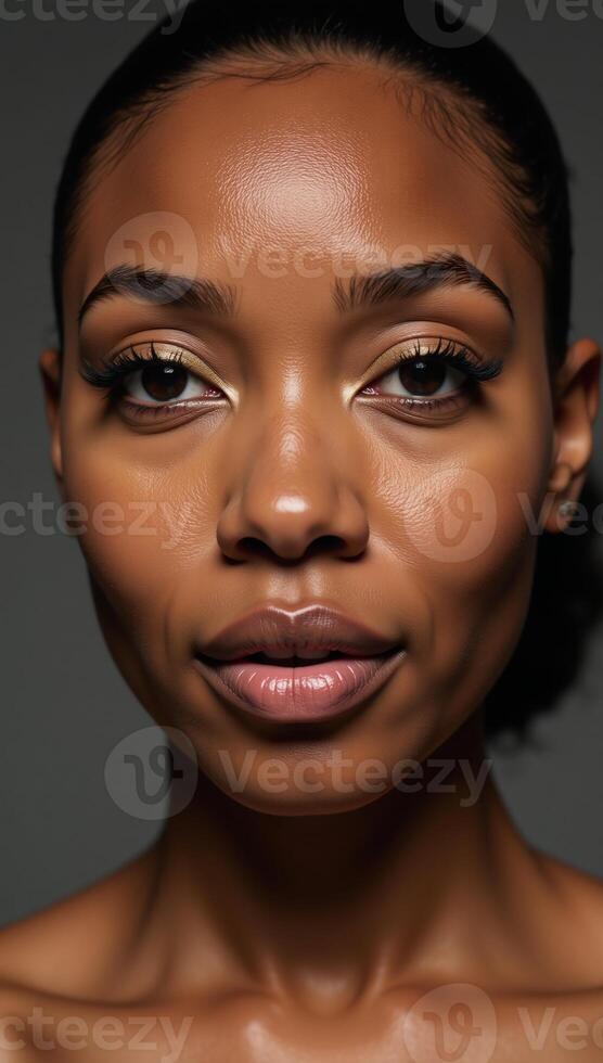 Closeup image featuring an African American woman with intricate golden makeup application photo