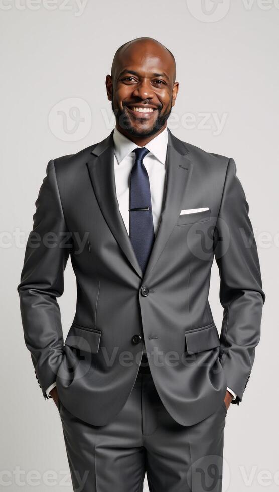 Confident businessman smiles in grey suit professional portrait captures success concept ideal for corporate use photo