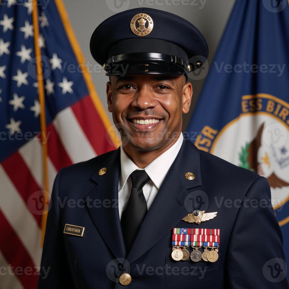A proud and confident smiling AfricanAmerican veteran depicted in a military uniform Generated photo
