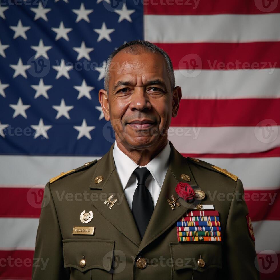 An elderly African American veteran honors Veterans Day before a majestic U photo