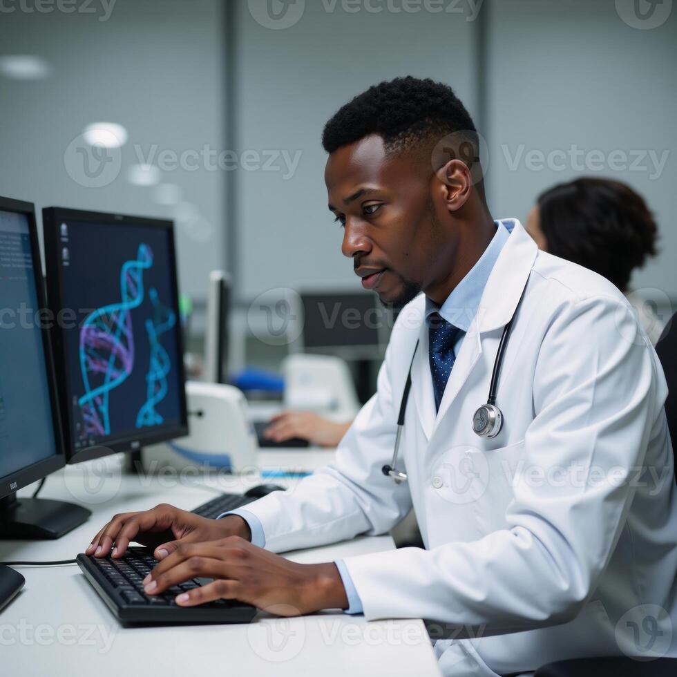African American doctor performing DNA analysis at hospital with visualization of data processing and DNA strands photo